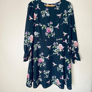 Oasis Long Sleeve Floral Dress Womens Size 12 Knee Length Artsy Hand Drawn Print